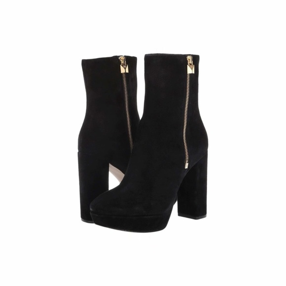 Michael Kors Frenchie Black Suede Stiletto Block Heel Platform Logo Ankle Bootie - Picture 2 of 9